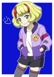 Rule 34 | 1girl, aqua eyes, badge, beyblade, beyblade: burst, black shorts, blonde hair, blue background, border, bright pupils, closed mouth, commentary request, cowboy shot, eyebrows hidden by hair, flat chest, grey thighhighs, hands in pockets, heart, ichika kindo, jacket, long sleeves, looking at viewer, multicolored hair, onomekaman, outline, purple jacket, red hair, shirt, short eyebrows, shorts, simple background, smile, solo, standing, streaked hair, thick eyebrows, thighhighs, two-tone hair, white border, white outline, white shirt