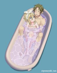Rule 34 | 1boy, 1girl, :d, barefoot, bathtub, blonde hair, blue background, blue eyes, blush, brown hair, closed eyes, closed mouth, collarbone, completely nude, couple, danny (satsuriku no tenshi), flat chest, from above, hetero, hug, hug from behind, long hair, looking back, mixed-sex bathing, neeeeyo, nude, open mouth, rachel gardner, satsuriku no tenshi, shared bathing, short hair, simple background, smile, towel, towel on head, white towel