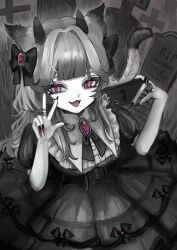 Rule 34 | 1girl, :3, animal ears, bat ornament, bow, brooch, cat ears, cat tail, cellphone, cowboy shot, demon horns, dress, fang, fingernails, graveyard, greyscale, hair bow, hair intakes, hands up, highres, holding, holding phone, horns, jewelry, long fingernails, long hair, looking at viewer, mole, mole under mouth, monochrome, multiple rings, nail polish, open mouth, original, ornate ring, outdoors, phone, puffy short sleeves, puffy sleeves, purple eyes, purple nails, ring, shiona (siona0625), short sleeves, smartphone, smile, solo, spot color, tail, tombstone, w
