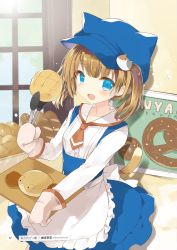 Rule 34 | 1girl, :d, animal ears, animal hat, apron, bakery, blue eyes, blue hat, blue skirt, blush, bread, brown hair, brown neckwear, cat ears, cat girl, cat tail, clamps, collared shirt, dress shirt, fake animal ears, fang, flat cap, food, frilled apron, frills, hat, high-waist skirt, highres, holding, kamiyoshi rika, long sleeves, looking at viewer, open mouth, original, oven mitts, pretzel, shirt, shop, sigh, skirt, smile, solo, suspender skirt, suspenders, tail, twintails, waist apron, waitress, white apron, white shirt, window