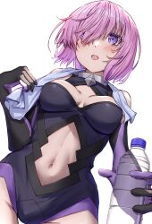Rule 34 | 1girl, absurdres, bare shoulders, black gloves, black leotard, blush, bottle, breasts, clothing cutout, commentary request, elbow gloves, fate/grand order, fate (series), gloves, highres, holding, holding bottle, large breasts, leotard, looking at viewer, mash kyrielight, navel, navel cutout, open mouth, plastic bottle, purple eyes, purple hair, short hair, simple background, solo, toukan, white background