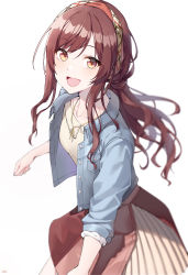 Rule 34 | 1girl, :d, absurdres, arjent, blue jacket, blurry, brown eyes, collarbone, floating hair, hair between eyes, headband, highres, idolmaster, idolmaster shiny colors, jacket, long hair, looking at viewer, medium skirt, open clothes, open jacket, open mouth, osaki amana, pleated skirt, red hair, shirt, simple background, skirt, smile, solo, standing, swept bangs, very long hair, white background, white shirt, white skirt