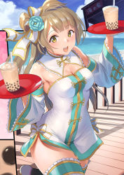 Rule 34 | 1girl, bare shoulders, beach, blue sky, blush, bow, breasts, brown hair, bubble tea, cleavage, cloud, cup, day, disposable cup, dress, drinking straw, flower, hair flower, hair ornament, kitiroku, long hair, looking at viewer, love live!, love live! school idol project, medium breasts, minami kotori, one side up, open mouth, outdoors, sky, smile, solo, standing, thighhighs, tray, white dress, wide sleeves, yellow eyes