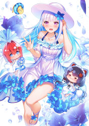 Rule 34 | 3girls, :3, :d, absurdres, ange katrina, animal ears, arm up, bare shoulders, black hair, blue eyes, blue flower, blue hair, blush, chibi, closed mouth, collarbone, colored inner hair, commentary request, dog ears, dog hair ornament, dress, flower, flower trim, foot out of frame, hair between eyes, hair flower, hair ornament, halter dress, halterneck, hand up, hat, highres, innertube, inui toko, lize helesta, long hair, looking at viewer, low twintails, maid headdress, multicolored hair, multiple girls, nanafuton, nijisanji, off-shoulder dress, off shoulder, open mouth, petals, purple eyes, red eyes, sandals, sebastian piyodore, short sleeves, silver hair, smile, sun hat, swim ring, twintails, v, very long hair, virtual youtuber, white dress, white footwear, white headwear