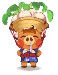 Rule 34 | 1girl, ^ ^, animal crossing, apron, basket, basket on head, blue apron, blue kimono, blush, brown hair, closed eyes, commentary, daisy mae (animal crossing), english commentary, full body, furry, furry female, hands on own hips, head scarf, highres, igeta (pattern), japanese clothes, kimono, nintendo, obi, pig girl, red sash, rope, runny nose, sash, short sleeves, simple background, snot, solo, standing, syertse, turnip, waist apron, white background, white headwear