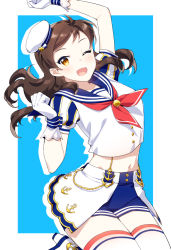 Rule 34 | 1girl, ;d, arm up, blue background, blue sailor collar, blue shorts, border, brown hair, collarbone, collared shirt, floating hair, gloves, hat, idolmaster, idolmaster million live!, kitazawa shiho, long hair, looking at viewer, midriff, mini hat, navel, necktie, one eye closed, open mouth, outline, outside border, red necktie, sailor collar, sailor shirt, shirt, short shorts, short sleeves, shorts, smile, solo, stomach, thighhighs, touon, white border, white gloves, white hat, white shirt, white thighhighs, yellow eyes, zettai ryouiki