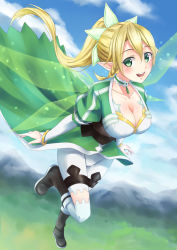 Rule 34 | 10s, 1girl, :d, aoi usagi, bad id, bad pixiv id, bike shorts, blonde hair, blush, boots, braid, breasts, cleavage, flying, green eyes, large breasts, leafa, long hair, open mouth, pointy ears, ponytail, side braid, smile, solo, sword art online, thighhighs, twin braids, white thighhighs, wings