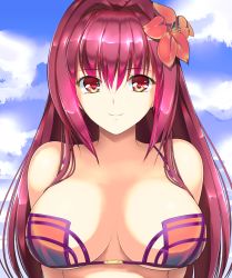 Rule 34 | 1girl, bad id, bad pixiv id, bikini, breasts, cleavage, cloud, cloudy sky, day, fate/grand order, fate (series), flower, hair flower, hair ornament, large breasts, long hair, looking at viewer, nekopenguin, purple hair, red eyes, scathach (fate), scathach (fate/grand order), scathach (swimsuit assassin) (fate), sky, smile, solo, swimsuit, upper body