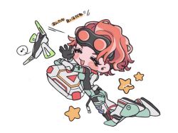 Rule 34 | 1girl, ^ ^, animification, apex legends, black gloves, blush, chibi, closed eyes, drone, gloves, goggles, goggles on head, hack (apex legends), horizon (apex legends), musical note, ochinashi, open mouth, orange hair, science fiction, smile, solo, spacesuit, speech bubble, spoken musical note, star (symbol), waving, white background