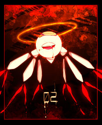 Rule 34 | angel, bandaid, bandaid on head, black background, black border, blood, blood drip, bloody tears, border, character name, colored sclera, commentary request, detached wings, dripping, gradient background, half-closed eye, halo, kirby (series), nintendo, no humans, one-eyed, red background, red sclera, shirushiki, solo, two-tone background, white wings, wings, yellow halo, zero two (kirby)
