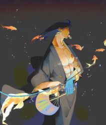 Rule 34 | 1boy, abs, arm tattoo, basilicca, black hair, black kimono, bubble, chest tattoo, collarbone, commentary, dango, earrings, english commentary, facial hair, fish, flying fish, food, food in mouth, from side, hand fan, highres, holding, holding fan, holostars, holostars english, japanese clothes, jewelry, josuiji shinri, kimono, koi, large pectorals, looking ahead, male focus, medium hair, muscular, muscular male, open clothes, open kimono, paper fan, pectorals, simple background, solo, standing, tassel, tassel earrings, tattoo, virtual youtuber, wagashi
