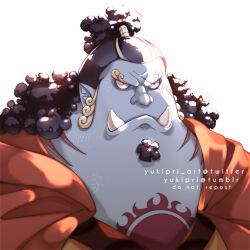 Rule 34 | 1boy, artist name, black eyes, black hair, blue skin, chest tattoo, closed mouth, colored skin, commentary, curly eyebrows, english commentary, english text, facial hair, fish boy, goatee, high ponytail, jinbe (one piece), long hair, male focus, one piece, ponytail, scar, scar across eye, scar on face, sharp teeth, simple background, solo, sun tattoo, tan, tattoo, teeth, tumblr username, tusks, twitter username, white background, yukipri art