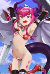 Rule 34 | 1girl, armor, armored boots, armpits, arms up, bikini armor, black gloves, black thighhighs, blue eyes, blue sky, blush, boots, breasts, cape, convenient censoring, curled horns, detached collar, dragon horns, dragon tail, elbow gloves, elizabeth bathory (brave) (fate), elizabeth bathory (fate), fate/grand order, fate (series), gauntlets, gloves, hairband, highres, horns, long hair, looking at viewer, loose bikini, mightyjump98, navel, one breast out, open mouth, pauldrons, pink hair, pointy ears, red armor, shield, shoulder armor, sky, small breasts, smile, solo, sword, tail, thighhighs, weapon, white cape