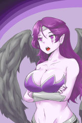 Rule 34 | 1girl, bare shoulders, black wings, breasts, circlet, cleavage, crossed arms, earrings, highres, huge breasts, jewelry, large breasts, league of legends, morgana (league of legends), navel, open mouth, purple eyes, purple hair, solo, trombe, wings