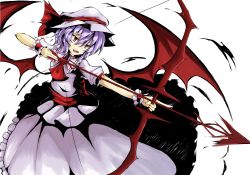 Rule 34 | 1girl, akisome hatsuka, alternate weapon, ascot, blue hair, bow (weapon), fang, female focus, hat, hat ribbon, hatsuka (exsilver), open mouth, puffy sleeves, red eyes, remilia scarlet, ribbon, sash, shirt, short sleeves, skirt, skirt set, solo, spear the gungnir, touhou, weapon, wrist cuffs