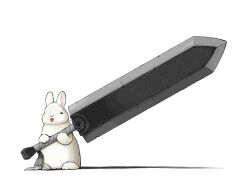 Rule 34 | animal, animal focus, berserk, closed eyes, commentary request, dragonslayer (sword), holding, holding sword, holding weapon, huge weapon, lilac (p-f easy), open mouth, rabbit, simple background, sword, weapon, weapon focus, white background, white rabbit (animal)