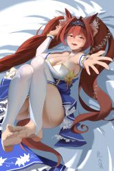 Rule 34 | 1girl, animal ears, blue nails, blue skirt, blush, breasts, brown hair, chinese commentary, cleavage, commentary request, daiwa scarlet (umamusume), detached sleeves, fang, feet, frilled skirt, frills, full body, garter straps, hair between eyes, hair intakes, high-waist skirt, highres, horse ears, horse girl, horse tail, large breasts, legs, long hair, long sleeves, mixed-language commentary, mowangzhanjiang, nail polish, open mouth, red eyes, skirt, soles, solo, stirrup legwear, tail, thighhighs, tiara, toeless legwear, toenail polish, toenails, toes, twintails, umamusume, very long hair, white thighhighs