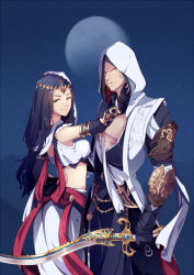 Rule 34 | 1boy, 1girl, bare back, black hair, blue background, blue eyes, cloak, cowboy shot, dagger, determined, elbow gloves, gloves, heterochromia, holding, holding sword, holding weapon, holster, hood, hooded cloak, knife, long hair, looking at viewer, midriff, muscular, pandako, silver hair, simple background, standing, sword, tiara, traditional clothes, weapon, yellow eyes