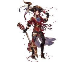 Rule 34 | 10s, 1boy, aoidos, coat, coattails, feathers, flower, full body, gloves, granblue fantasy, guitar, hat, hat feather, high heels, holding, holding flower, holding instrument, instrument, long hair, looking at viewer, male focus, minaba hideo, official art, orange eyes, petals, pink hair, red coat, red rose, rose, rose petals, sleeve cuffs, solo, transparent background, treble clef, very long hair