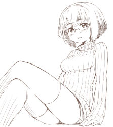 Rule 34 | 1girl, breasts, crossed legs, glasses, long sleeves, looking at viewer, medium breasts, moru (monaka), original, parted lips, ribbed sweater, short hair, short shorts, shorts, simple background, sitting, sketch, solo, sweater, thick eyebrows, thighhighs, turtleneck, turtleneck sweater, white background