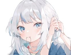 Rule 34 | 1girl, adjusting hair, blue eyes, blue hair, blush, colored tips, fang, gawr gura, gawr gura (1st costume), grey hair, hair ornament, hair tie in mouth, hands up, highres, hololive, hololive english, medium hair, mokyuko, mouth hold, multicolored hair, portrait, shark hair ornament, simple background, skin fang, solo, streaked hair, two side up, tying hair, virtual youtuber, white background