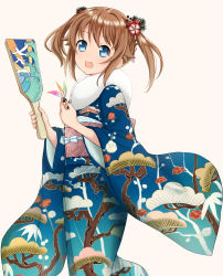 Rule 34 | 1girl, :d, abe kanari, blue eyes, blush, brown hair, commentary request, feet out of frame, flower, fur collar, furisode, hagoita, hair flower, hair ornament, high school fleet, highres, holding, japanese clothes, kimono, looking at viewer, medium hair, misaki akeno, obi, open mouth, paddle, print kimono, sash, simple background, smile, solo, standing, twintails, wide sleeves