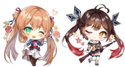 Rule 34 | 2girls, ;), ;d, antenna hair, battle rifle, black ribbon, blue jacket, blue skirt, blush, boots, bow, brown eyes, brown footwear, brown hair, brown jacket, brown legwear, chibi, closed mouth, cross-laced footwear, cup, dress, flower, girls&#039; frontline, gloves, gradient hair, gun, hair between eyes, hair bow, hair ribbon, hair rings, head tilt, heart, holding, holding cup, holding gun, holding weapon, jacket, lace-up boots, loafers, long hair, long sleeves, m14, m14 (girls&#039; frontline), multicolored hair, multiple girls, name connection, narae, object namesake, off shoulder, one eye closed, open mouth, pink flower, pink rose, pleated skirt, red flower, red hair, red rose, ribbon, rifle, rose, shirt, shoes, simple background, skirt, smile, springfield (girls&#039; frontline), standing, standing on one leg, striped, striped bow, teacup, thigh boots, thighhighs, twintails, very long hair, weapon, white background, white dress, white gloves, white legwear, white shirt