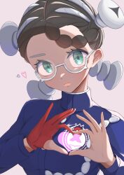 Rule 34 | 1girl, absurdres, amarys (pokemon), blue jacket, buttons, closed mouth, commentary request, creatures (company), eyelashes, game freak, glasses, gloves, green eyes, hands up, head tilt, heart, heart hands, highres, jacket, long sleeves, looking at viewer, mochitaro (mothitaroo), nintendo, pokemon, pokemon sv, red gloves, semi-rimless eyewear, short hair, single glove, solo, upper body