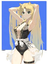 Rule 34 | 1girl, animal ear fluff, animal ears, arknights, armpits, arms up, black outline, blonde hair, blue background, breasts, casual one-piece swimsuit, cleavage, closed mouth, clothes around waist, cowboy shot, green eyes, hands in hair, highres, jacket, long hair, looking at viewer, nim k, official alternate costume, one-piece swimsuit, outline, parted bangs, photoshop (medium), see-through, see-through jacket, solo, swimsuit, swire (arknights), thigh strap, tiger ears, two-tone background, very long hair, white background, white jacket