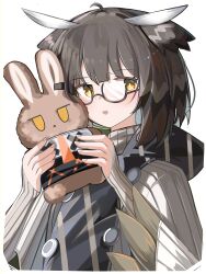Rule 34 | 1girl, :d, absurdres, ahoge, arknights, black-framed eyewear, brown eyes, brown hair, glasses, hands up, highres, holding, holding stuffed toy, jitome, long sleeves, looking at viewer, open mouth, ribbed sweater, semi-rimless eyewear, silence (arknights), sleeves past wrists, smile, solo, spam (spamham4506), stuffed animal, stuffed rabbit, stuffed toy, sweater, turtleneck, turtleneck sweater, under-rim eyewear, upper body, white sweater, wide sleeves