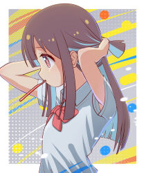 Rule 34 | 1girl, abstract background, alternate hair length, alternate hairstyle, armpit peek, bare arms, blue hair, blunt bangs, blunt ends, bow, bowtie, brown eyes, brown hair, colored inner hair, commentary, from side, highres, hozuki momiji, long hair, mouth hold, multicolored hair, onii-chan wa oshimai!, profile, red bow, red bowtie, shirt, short ponytail, short sleeves, sidelocks, solo, toothbrush in mouth, two-tone hair, upper body, white shirt, wing collar, yojiro11