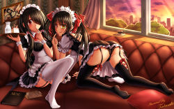Rule 34 | 10s, 2girls, all fours, alternate costume, apron, ass, backless dress, backless outfit, black hair, black legwear, black panties, bow, bowtie, breasts, clock eyes, date a live, dress, dual persona, finger to mouth, frilled dress, frilled legwear, frills, garter straps, hair bow, hair over one eye, hair over shoulder, heterochromia, highres, indoors, lace, lace-trimmed legwear, lace trim, large breasts, long hair, looking at viewer, looking back, maid, maid headdress, milk, multiple girls, panties, red bow, red eyes, selfcest, shiny clothes, shiny skin, smile, sunset, symbol-shaped pupils, thighhighs, tokisaki kurumi, tongue, tongue out, tsubasaki, twintails, underwear, upskirt, white apron, white legwear, window, wristband, yellow eyes, yuri