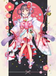 Rule 34 | 1girl, :d, animal, arrow (projectile), bell, blush, bow, brown hair, cat, commentary request, fingernails, flower, full body, grey footwear, hair flower, hair ornament, hair rings, hamaya, holding, holding arrow, japanese clothes, jingle bell, kimono, kouhaku nawa, long sleeves, new year, open mouth, original, pink bow, purple bow, red eyes, red flower, rope, sandals, shimenawa, sleeves past wrists, smile, socks, solo, tabi, wasabi (sekai), white kimono, white socks, wide sleeves, zouri