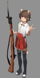 Rule 34 | 1girl, \m/, aged down, animal ears, bad id, bad twitter id, bayonet, blush, bolt action, brown eyes, brown hair, grey background, gun, hakama, hakama short skirt, hakama skirt, japanese clothes, katou keiko, looking at viewer, matching hair/eyes, rifle, shibafu (glock23), simple background, skirt, solo, strike witches, tail, thighhighs, weapon, witches of africa, world witches series