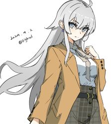 Rule 34 | 1girl, absurdres, ahoge, bigkwl, brown necktie, collared shirt, dated, dress shirt, grey eyes, grey hair, grey skirt, highres, kantai collection, long hair, looking at viewer, necktie, official alternate costume, plaid, plaid skirt, shirt, simple background, skirt, solo, twitter username, washington (kancolle), white background, white shirt
