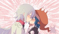 Rule 34 | 2girls, androgynous, blue eyes, blue hair, blush, bow, bowtie, doremy sweet, ear blush, emphasis lines, closed eyes, grey hair, grey wings, hand on another&#039;s cheek, hand on another&#039;s face, hat, jacket, kishin sagume, kiss, ko kita, long sleeves, looking at another, multiple girls, nightcap, pointy ears, pom pom (clothes), single wing, surprised, touhou, wing collar, wings, yuri