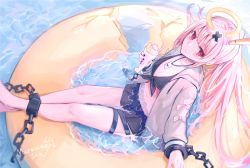 Rule 34 | 1girl, artist name, bikini, bikini skirt, black bikini, black nails, blush, bow, breasts, chain, closed mouth, collarbone, commentary request, cuffs, earrings, feet out of frame, from above, front-tie bikini top, front-tie top, grey jacket, hair ornament, halo, highres, indie virtual youtuber, innertube, jacket, jewelry, long hair, long sleeves, looking at viewer, medium breasts, nail polish, navel, open clothes, open jacket, partially submerged, pink bow, pink hair, red eyes, shin murasame, sitting, solo, stomach, swim ring, swimsuit, thigh strap, tokusari kukuri, very long hair, virtual youtuber, water, x hair ornament