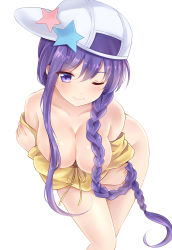 Rule 34 | 1girl, ;), bare shoulders, baseball cap, bb (fate), bb (fate) (all), bb (swimsuit mooncancer) (fate), bb (swimsuit mooncancer) (first ascension) (fate), blush, braid, breasts, cleavage, closed mouth, collarbone, commentary, fate/grand order, fate (series), hair between eyes, hair censor, hair over breasts, hat, head tilt, jacket, large breasts, leaning forward, long hair, nikoo, off shoulder, one eye closed, purple eyes, sideways hat, simple background, single braid, smile, solo, star (symbol), very long hair, white background, white hat, yellow jacket