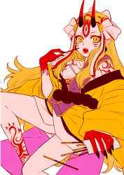 Rule 34 | 1girl, blonde hair, fate/grand order, fate (series), food, hizuki aya, horns, ibaraki douji (fate), long hair, looking at viewer, oni, open mouth, pocky, simple background, slit pupils, solo, white background, yellow eyes