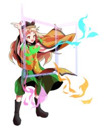 Rule 34 | 1girl, :d, alphes (style), arms up, black footwear, black hat, blonde hair, blue fire, boots, constellation, constellation print, dairi, detached sleeves, door, eyebrows, facing away, fire, full body, green fire, green skirt, hat, highres, legs apart, long hair, long sleeves, looking away, matara okina, open mouth, orange eyes, outstretched arms, parody, purple fire, raised eyebrows, shirt, skirt, smile, solo, standing, style parody, tabard, touhou, transparent background, white shirt, wide sleeves