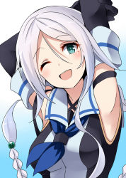 Rule 34 | 1girl, armpits, black gloves, black serafuku, blue background, blue eyes, blue neckerchief, braid, breasts, collared shirt, elbow gloves, gloves, hair flaps, hair tie, highres, kamelie, kantai collection, long hair, mole, mole under eye, neckerchief, one-hour drawing challenge, one eye closed, open mouth, parted bangs, school uniform, serafuku, shirt, single braid, sleeveless, sleeveless shirt, small breasts, smile, solo, teeth, umikaze (kancolle), upper teeth only, very long hair, white hair