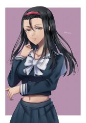 Rule 34 | 1girl, a certain high school uniform, black hair, black shirt, black skirt, blue skirt, bow, breasts, brown eyes, closed mouth, collarbone, commentary request, forehead, hair between eyes, headband, highres, kumokawa seria, large breasts, long hair, long sleeves, looking at viewer, midriff, navel, red headband, sailor collar, school uniform, serafuku, shirt, skirt, smile, solo, standing, stomach, toaru majutsu no index, upper body, white bow, white sailor collar, winter uniform, zack betsuaka