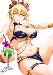 Rule 34 | 1girl, armpits, artist name, artoria pendragon (fate), artoria pendragon (lancer) (fate), belly chain, bikini, blonde hair, blue bikini, braid, breasts, cleavage, closed mouth, collarbone, crown, cup, drink, drinking glass, fate/grand order, fate (series), flower, french braid, frown, green eyes, hair between eyes, hair flower, hair ornament, holding, holding cup, holding drinking glass, jewelry, large breasts, long arms, long hair, looking at viewer, nail polish, navel, sakiyamama, simple background, sitting, solo, swimsuit, thigh strap, underboob, white background, wristband