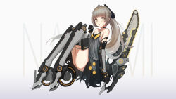 Rule 34 | 1girl, absurdres, bare shoulders, black dress, chainsword, character name, dress, flat chest, grey eyes, grey hair, hair ornament, highres, holding, holding sword, holding weapon, long hair, mechanical arms, mechanical legs, nanami: pulse (punishing: gray raven), nanami (punishing: gray raven), open mouth, plusbrackets, ponytail, punishing: gray raven, sidelocks, skates, sleeveless, sleeveless dress, solo, sword, very long hair, weapon