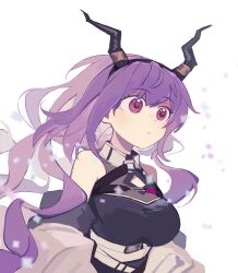 Rule 34 | 1girl, arknights, arms at sides, bare shoulders, black shirt, breasts, chihuo pinpan, cleavage cutout, clothing cutout, fake horns, hair between eyes, highres, horn hairband, horns, jacket, large breasts, looking ahead, low twintails, o-ring, off shoulder, open clothes, open jacket, parted lips, purple hair, raised eyebrows, red eyes, shirt, sidelocks, simple background, solo, twintails, typhon (arknights), upper body, white background, white jacket