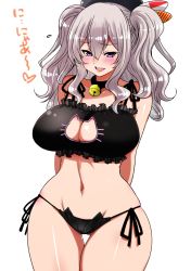 Rule 34 | 10s, 1girl, arms behind back, bare shoulders, bell, blush, breasts, cat cutout, cat ear panties, cat lingerie, cleavage, cleavage cutout, clothing cutout, curvy, flying sweatdrops, groin, hip focus, jingle bell, kantai collection, kashima (kancolle), large breasts, long hair, looking at viewer, meme attire, navel, open mouth, panties, perepere-kun, purple eyes, side-tie panties, silver hair, simple background, smile, solo, standing, thick thighs, thigh gap, thighs, translation request, twintails, underwear, white background, wide hips