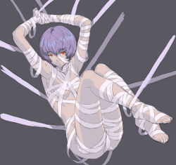 Rule 34 | 1girl, armpits, arms up, ayanami rei, bad id, bad pixiv id, bandages, barefoot, bdsm, blue hair, bondage, bound, breasts, chyko, feet, frown, legs up, naked bandage, neon genesis evangelion, nude, pale skin, red eyes, short hair, sketch, small breasts, solo, suspension, underboob