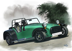 Rule 34 | absurdres, artist name, car, caterham, caterham superlight r400, commentary request, day, highres, hirota (masasiv3), license plate, motor vehicle, no humans, outdoors, signature, tree, vehicle focus