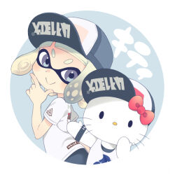 Rule 34 | 1girl, baseball cap, bow, cat, closed mouth, clothes writing, cropped torso, crossover, grey background, grey eyes, grey hair, grey headwear, hat, hello kitty, hello kitty (character), inkling, inkling girl, inkling player character, kusumoto shizuru, looking at viewer, looking to the side, nintendo, red bow, sanrio, shirt, short eyebrows, short sleeves, smile, splatoon (series), splatoon 2, tentacle hair, thick eyebrows, translation request, two-tone background, upper body, white background, white shirt