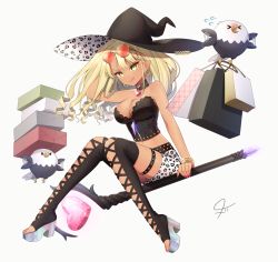 Rule 34 | 1girl, :q, bird, black hat, blonde hair, boots, bracelet, breasts, brown thighhighs, cleavage, dark-skinned female, dark skin, earrings, eyewear on head, fingernails, flying, glint, grey skirt, hat, hat ring, heart-shaped gem, heart wand, hoop earrings, jewelry, konogi nogi, large breasts, long hair, looking at viewer, midriff, miniskirt, nail polish, navel, original, platform boots, platform footwear, platform heels, pointy ears, red-tinted eyewear, red nails, signature, simple background, skirt, smile, solo, strapless, sunglasses, thigh strap, thighhighs, tinted eyewear, tongue, tongue out, tube top, white background, witch, witch hat, yellow-framed eyewear, yellow eyes